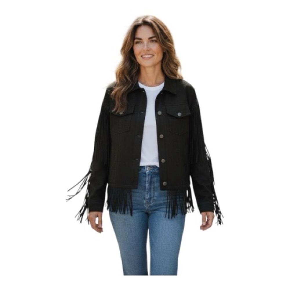 Juicy Couture NWT Black Faux Suede Fringe Jacket • L • Western Boho Chic - Picture 2 of 4